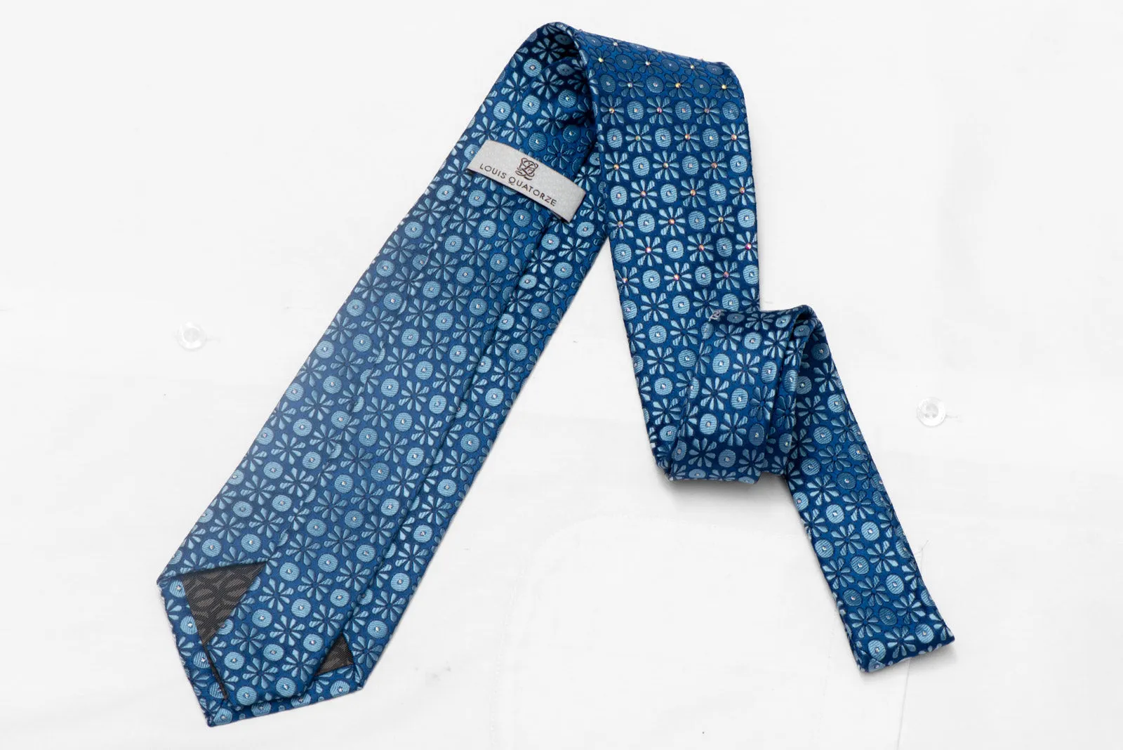 Geometric Floral On Blue Rhinestone Silk Tie With Silver Sparkles