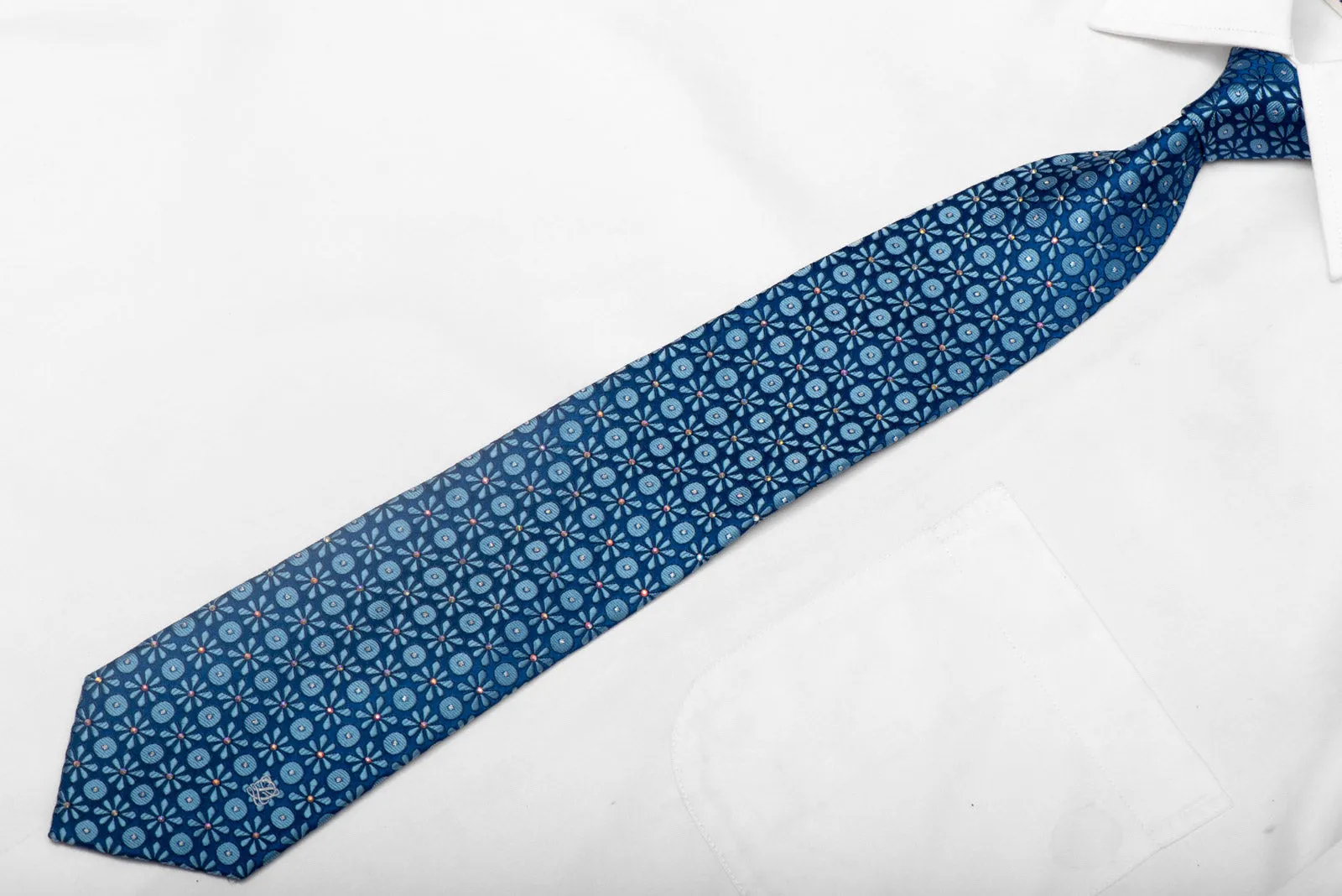 Geometric Floral On Blue Rhinestone Silk Tie With Silver Sparkles