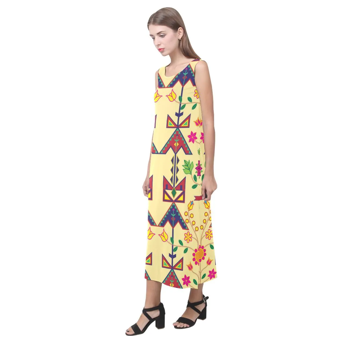 Geometric Floral Spring - Vanilla Phaedra Sleeveless Open Fork Long Dress