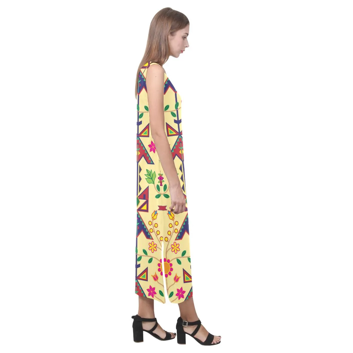 Geometric Floral Spring - Vanilla Phaedra Sleeveless Open Fork Long Dress