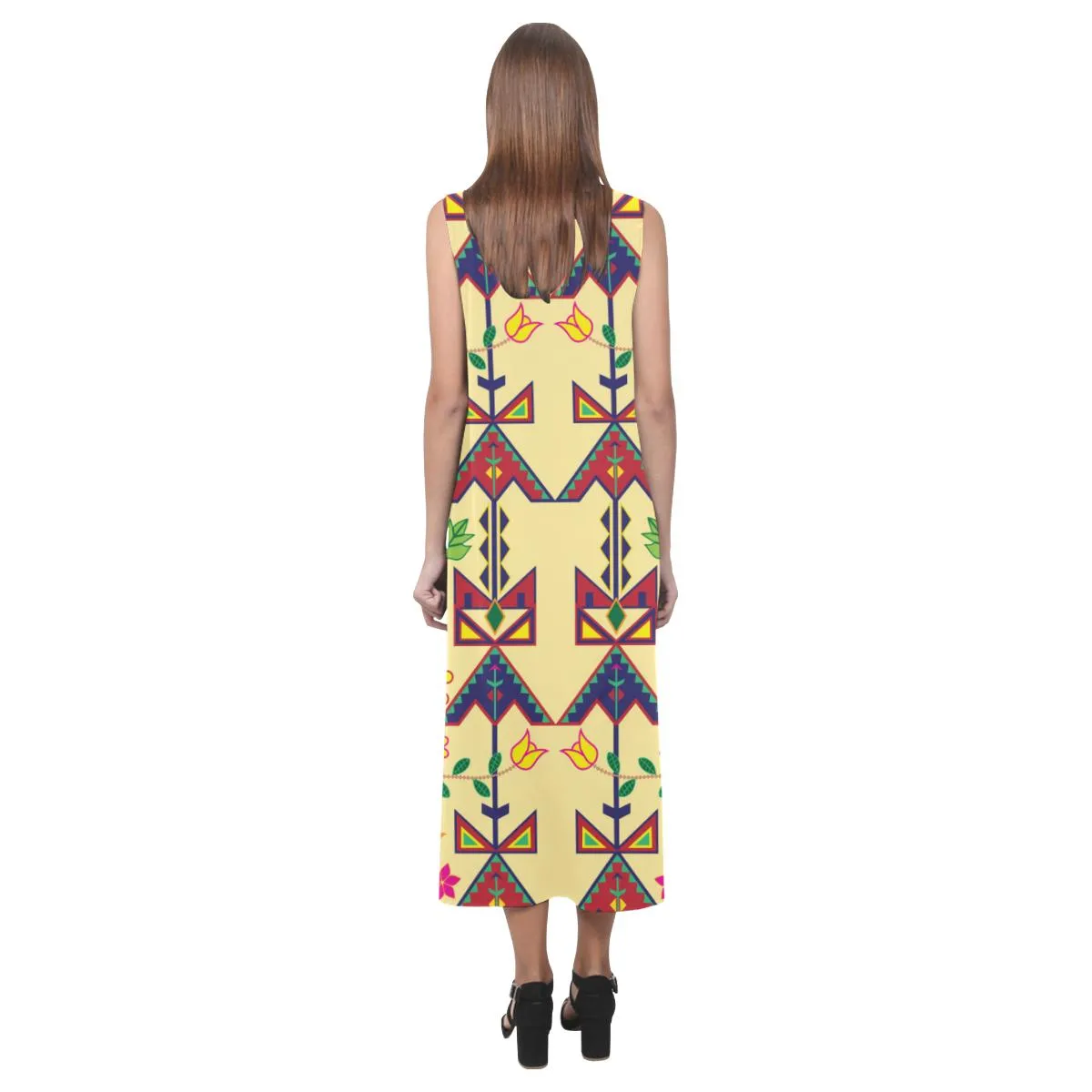 Geometric Floral Spring - Vanilla Phaedra Sleeveless Open Fork Long Dress