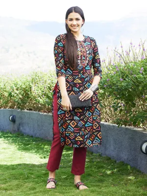 Geometric Printed & Embroidered Straight Fit Kurta – Multi