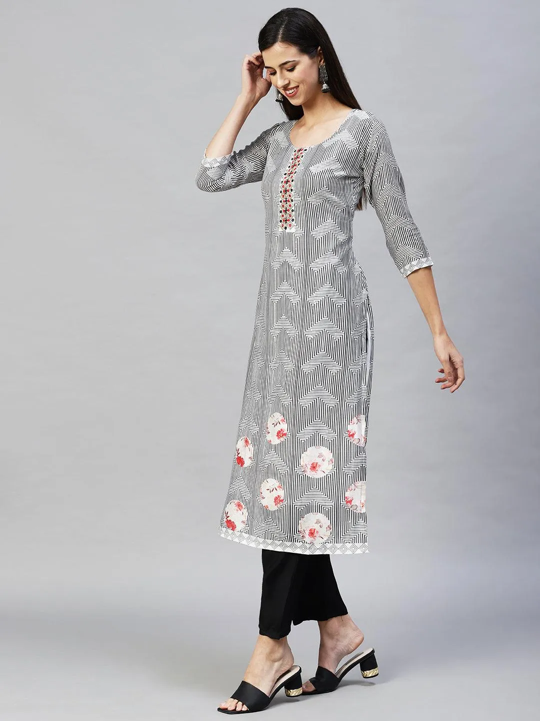 Geometric Printed & Hand Embroidered Kurta with Pants & Dupatta - White