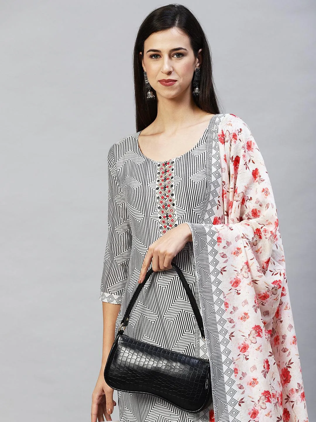 Geometric Printed & Hand Embroidered Kurta with Pants & Dupatta - White