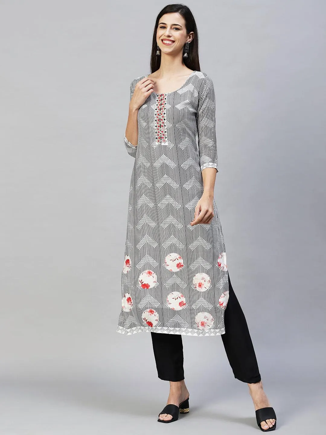 Geometric Printed & Hand Embroidered Kurta with Pants & Dupatta - White