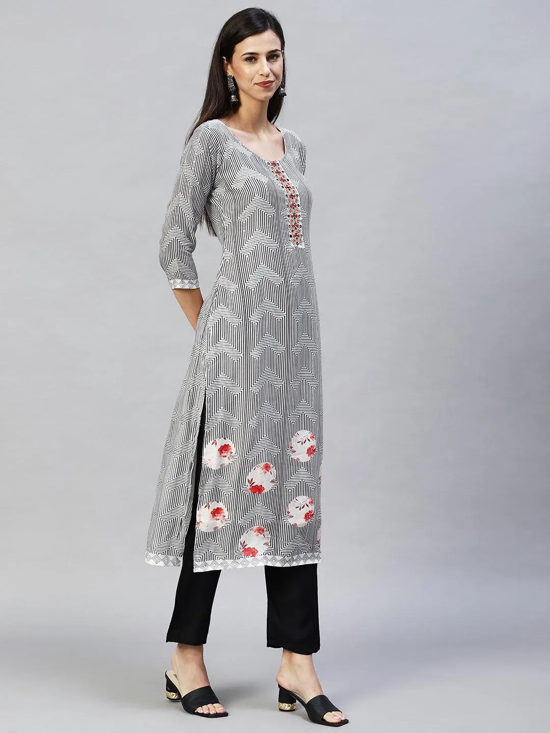 Geometric Printed & Hand Embroidered Kurta with Pants & Dupatta - White