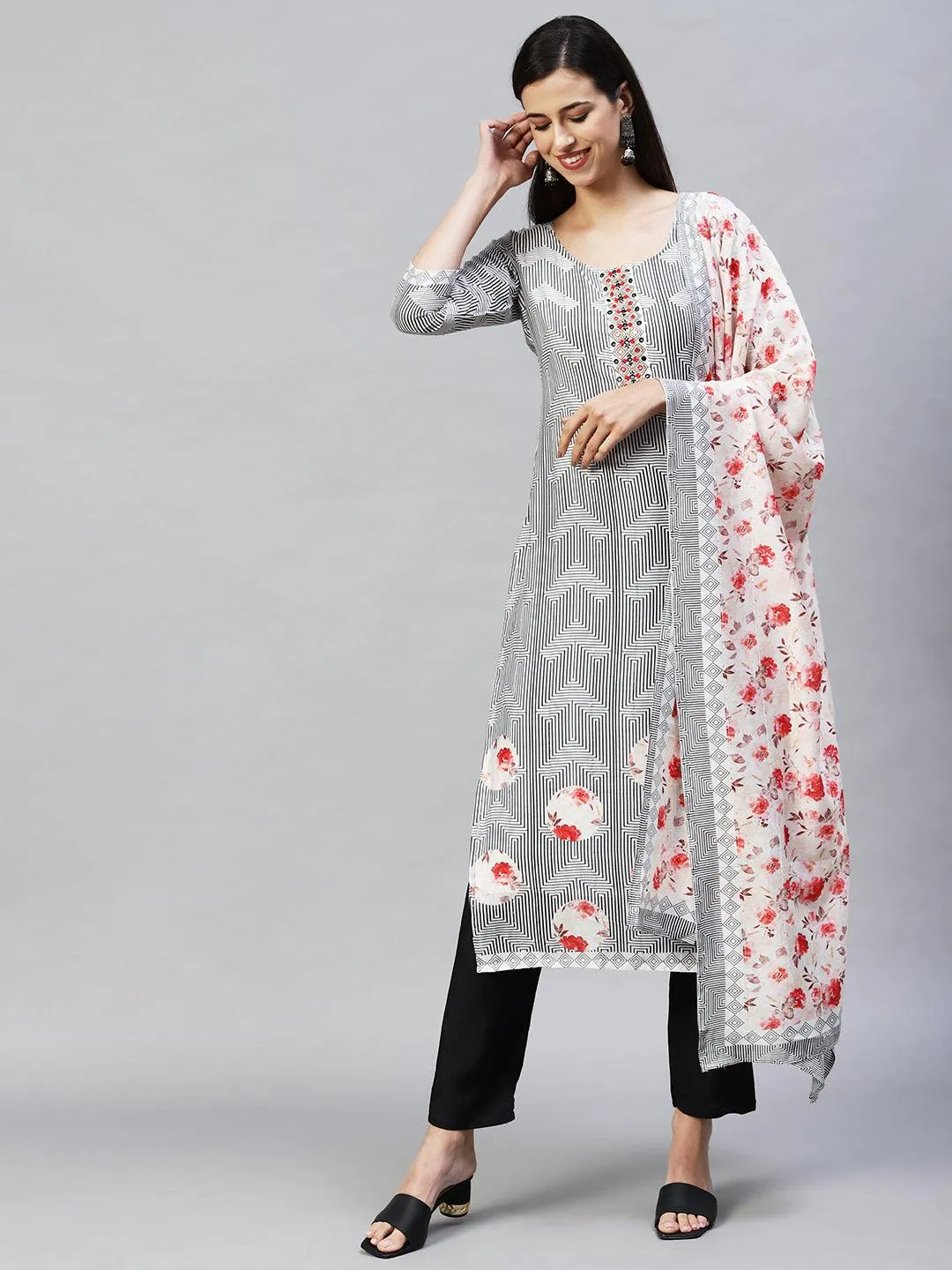 Geometric Printed & Hand Embroidered Kurta with Pants & Dupatta - White