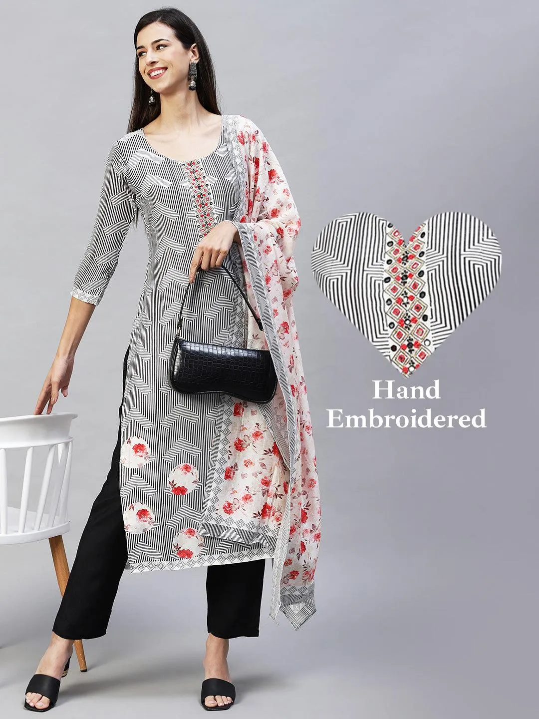 Geometric Printed & Hand Embroidered Kurta with Pants & Dupatta - White