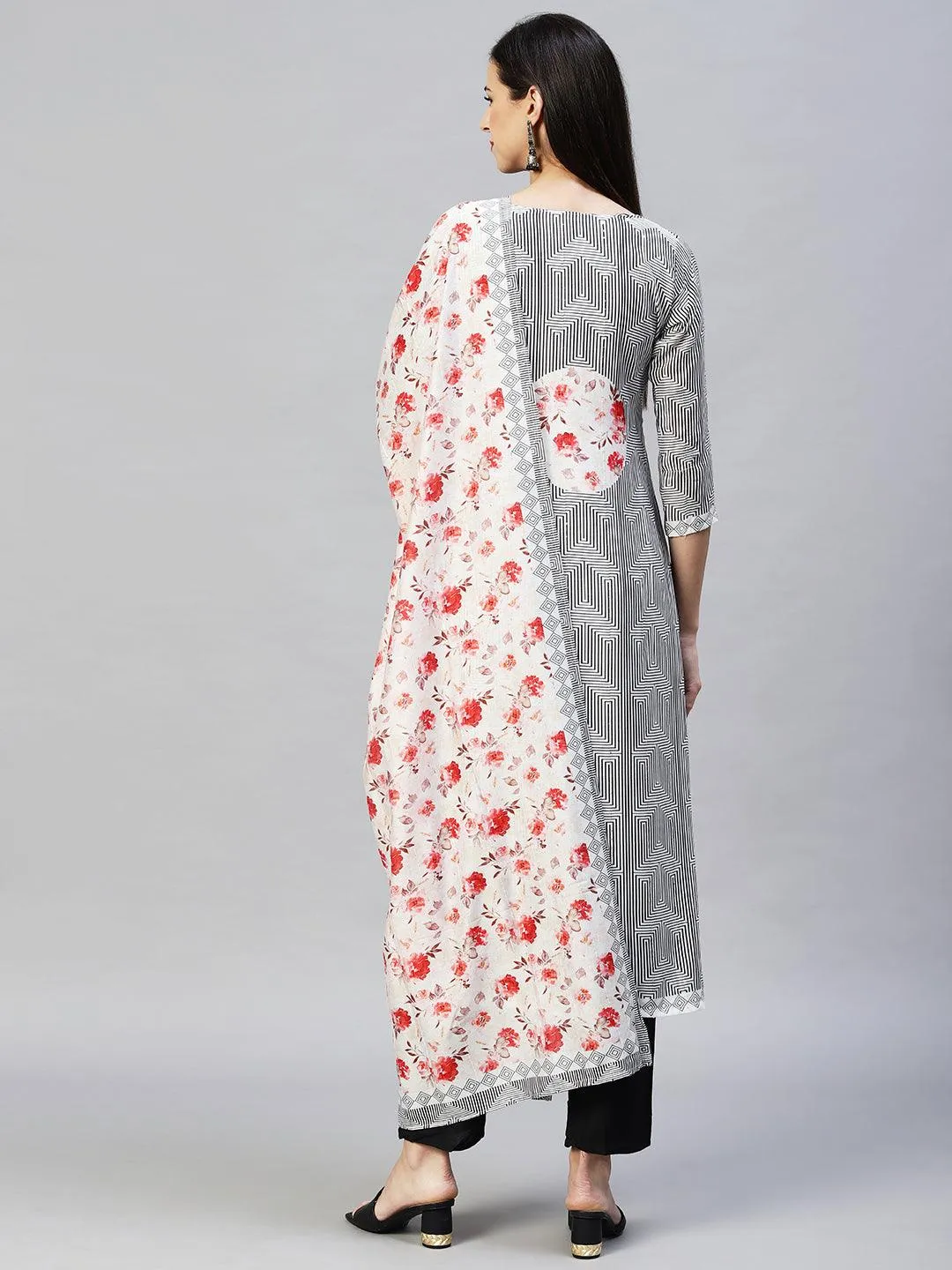 Geometric Printed & Hand Embroidered Kurta with Pants & Dupatta - White