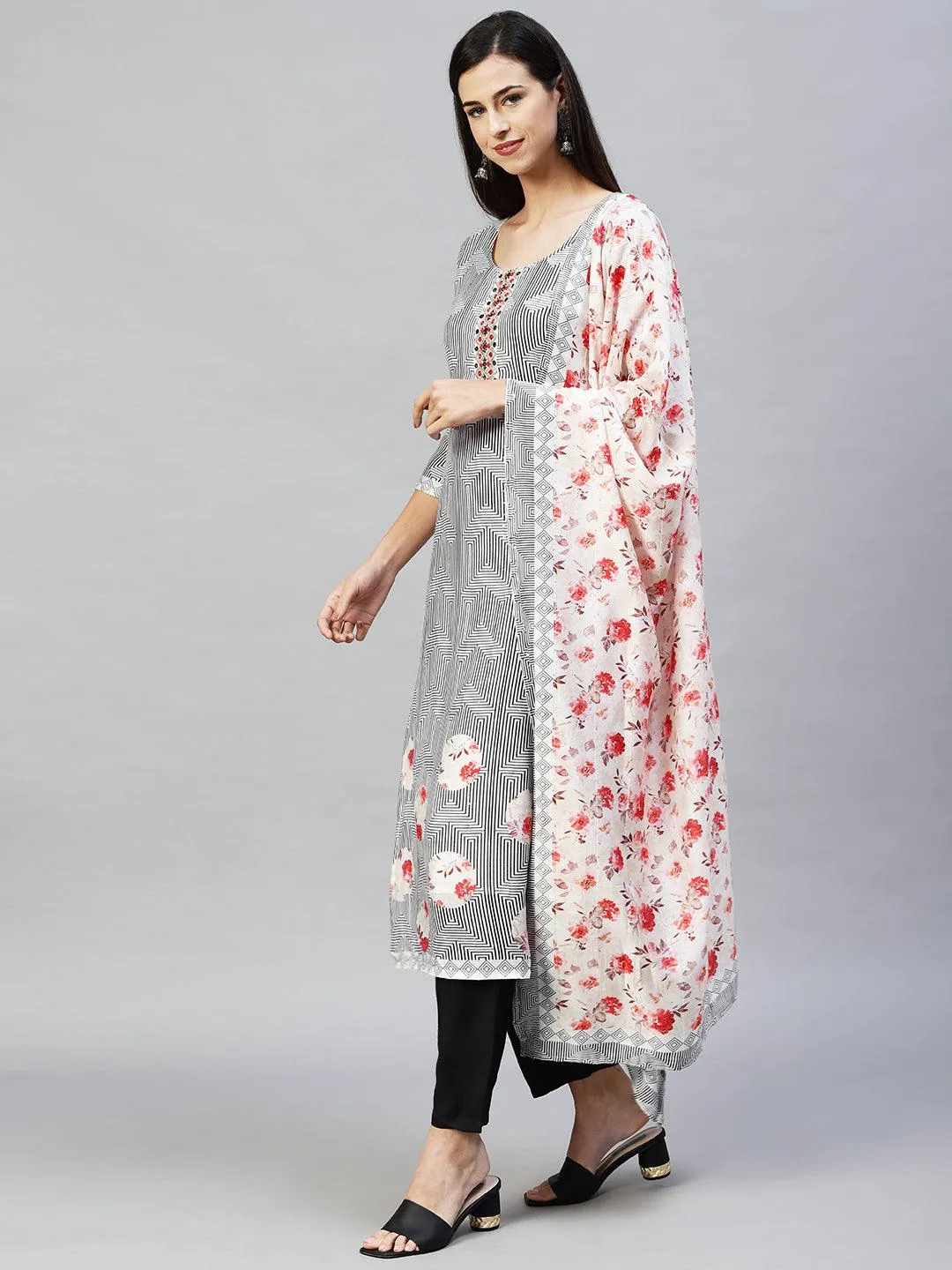 Geometric Printed & Hand Embroidered Kurta with Pants & Dupatta - White