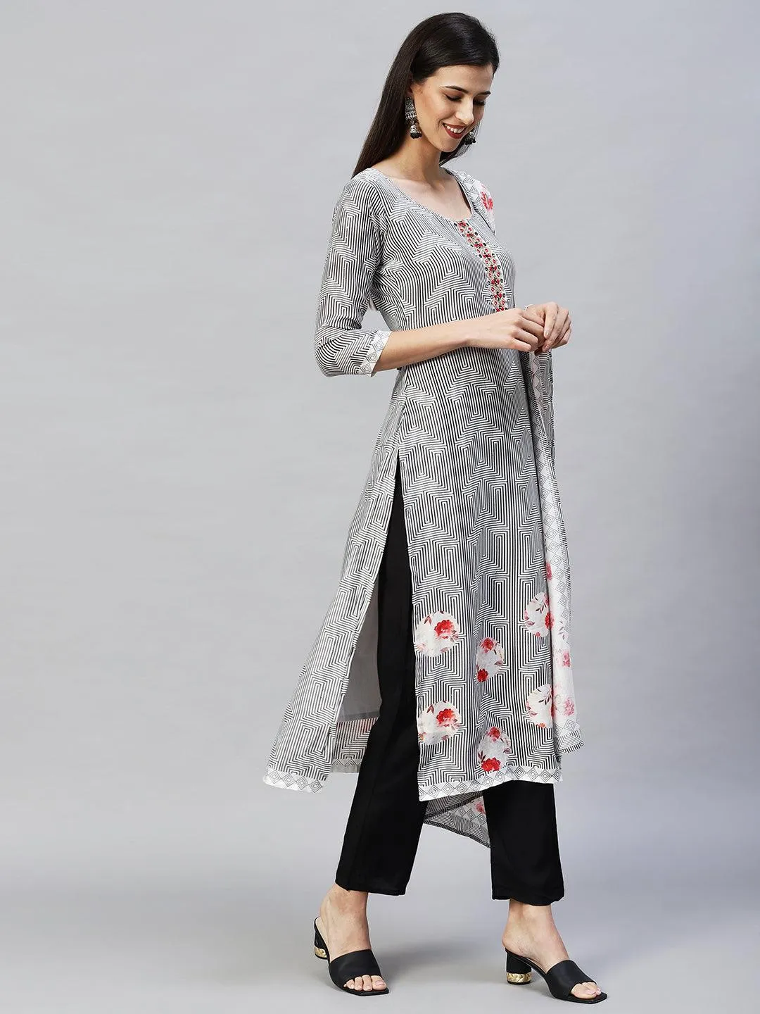 Geometric Printed & Hand Embroidered Kurta with Pants & Dupatta - White