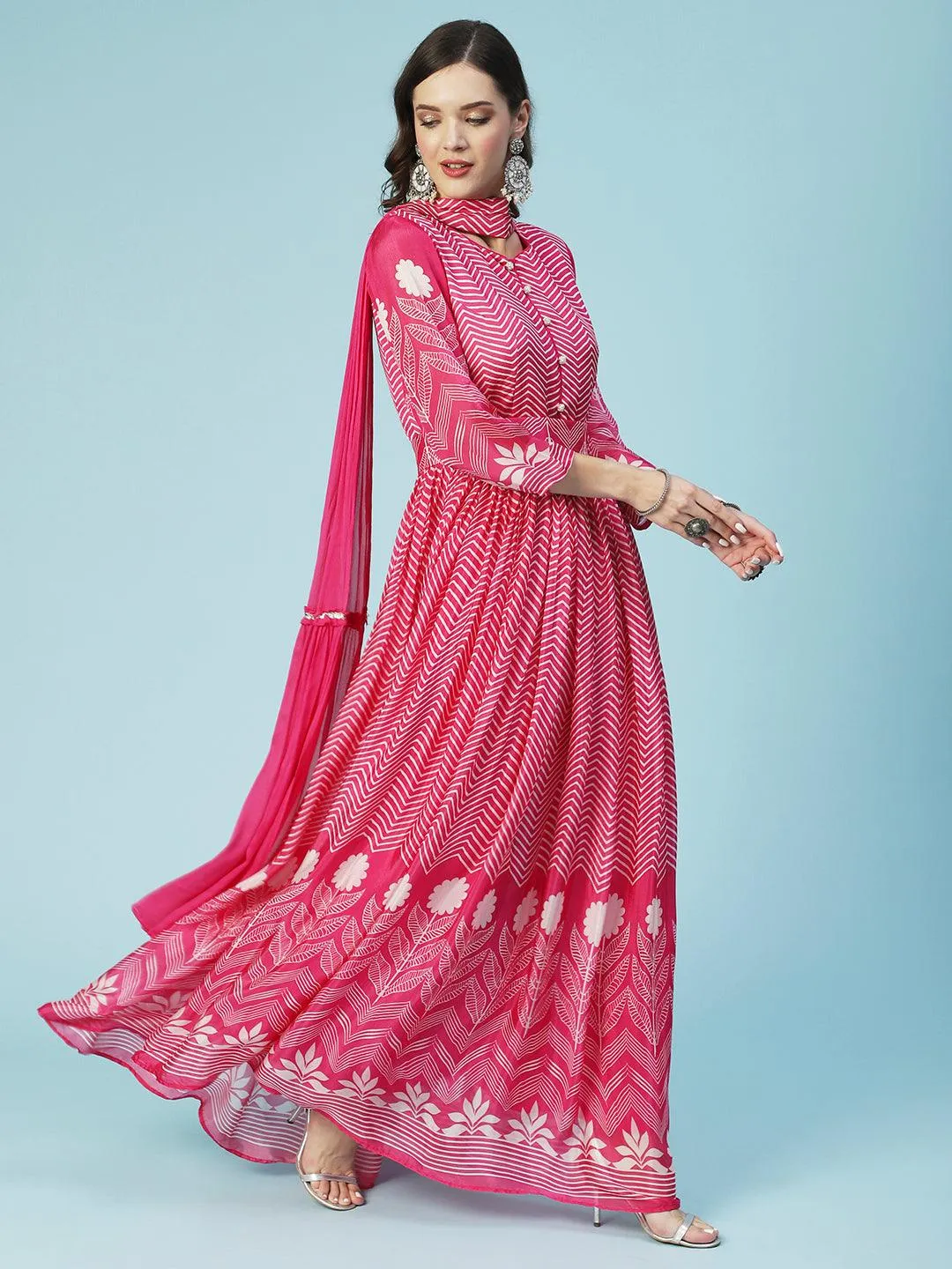 Geometric Printed Fit & Flare Maxi Dress with Dupatta - Fuchsia