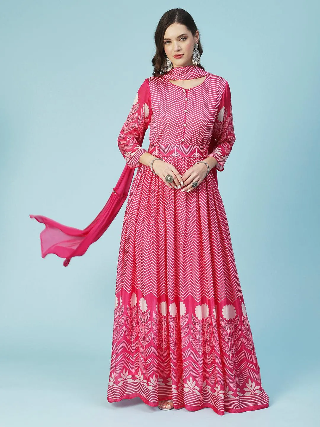 Geometric Printed Fit & Flare Maxi Dress with Dupatta - Fuchsia