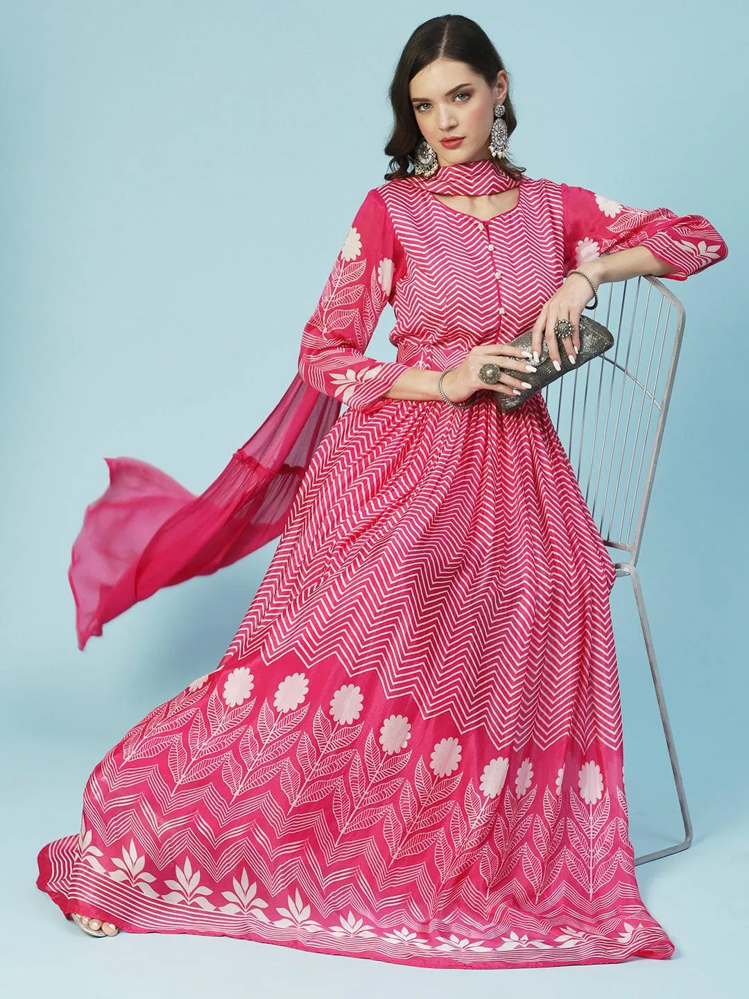 Geometric Printed Fit & Flare Maxi Dress with Dupatta - Fuchsia