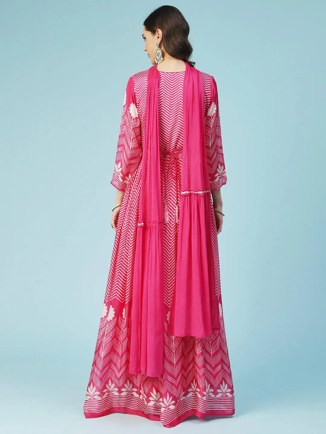 Geometric Printed Fit & Flare Maxi Dress with Dupatta - Fuchsia