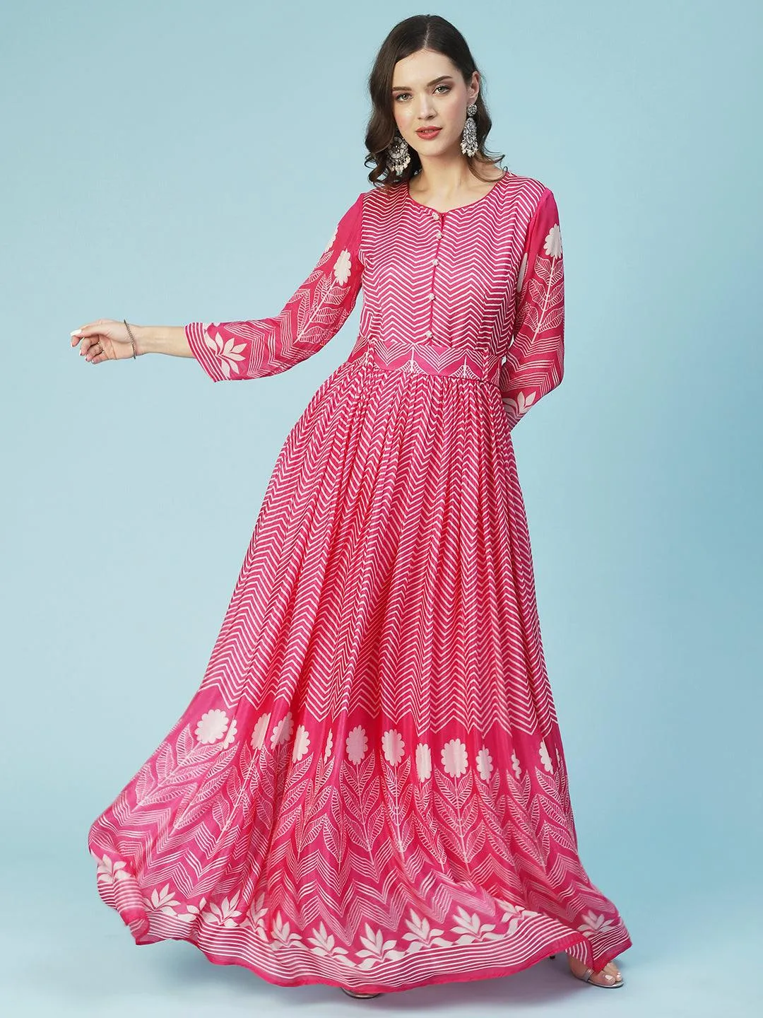 Geometric Printed Fit & Flare Maxi Dress with Dupatta - Fuchsia