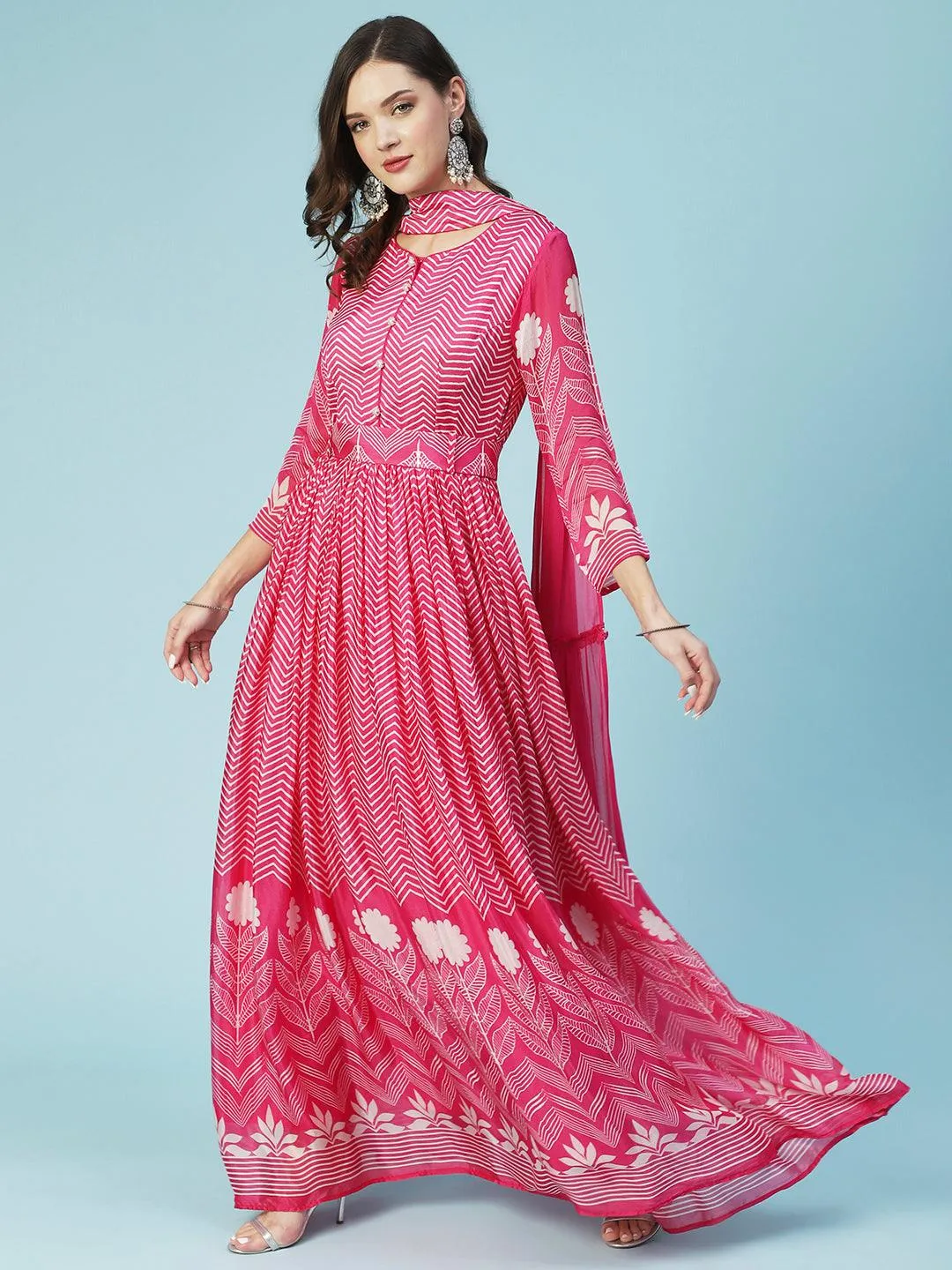 Geometric Printed Fit & Flare Maxi Dress with Dupatta - Fuchsia