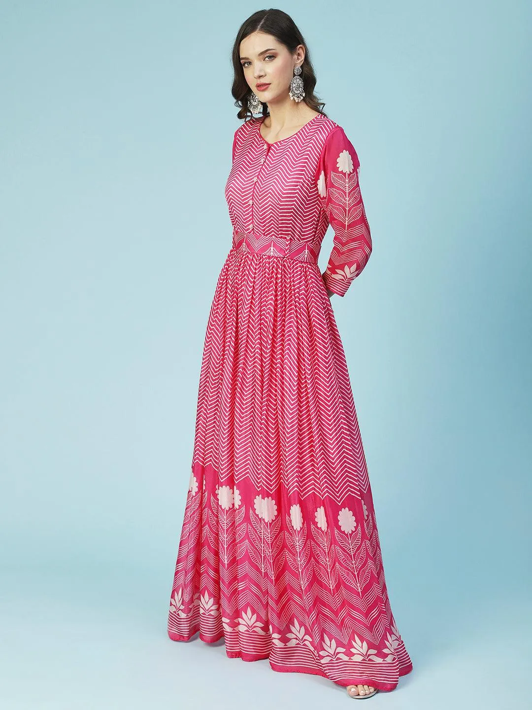 Geometric Printed Fit & Flare Maxi Dress with Dupatta - Fuchsia