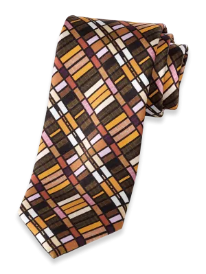 Geometric Printed Italian Silk Tie - Tan Multi