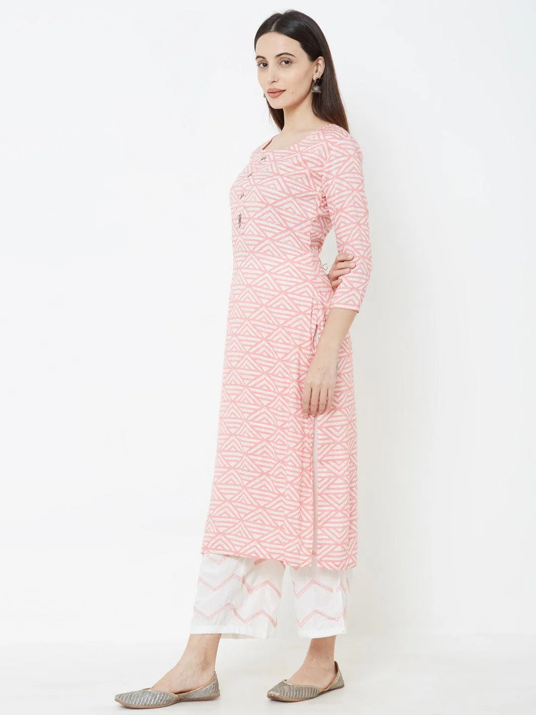 Geometric printed Kurta with Solid Pant – Pink