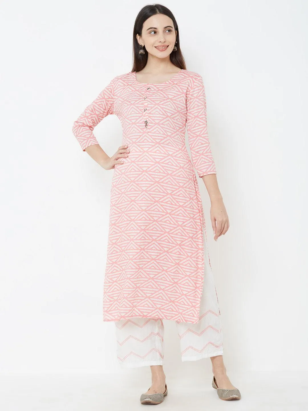 Geometric printed Kurta with Solid Pant – Pink