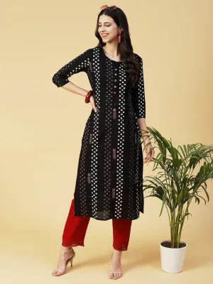 Geometric Printed Mirror Embroidered Kurta - Black