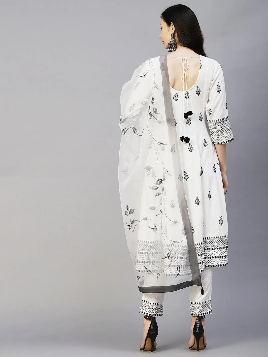 Geometric Printed Resham Embroidered Anarkali Kurta With Pants & Hand Painted Dupatta - White