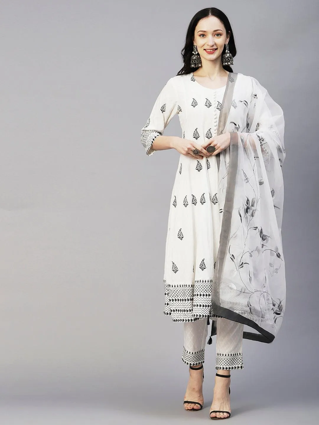 Geometric Printed Resham Embroidered Anarkali Kurta With Pants & Hand Painted Dupatta - White