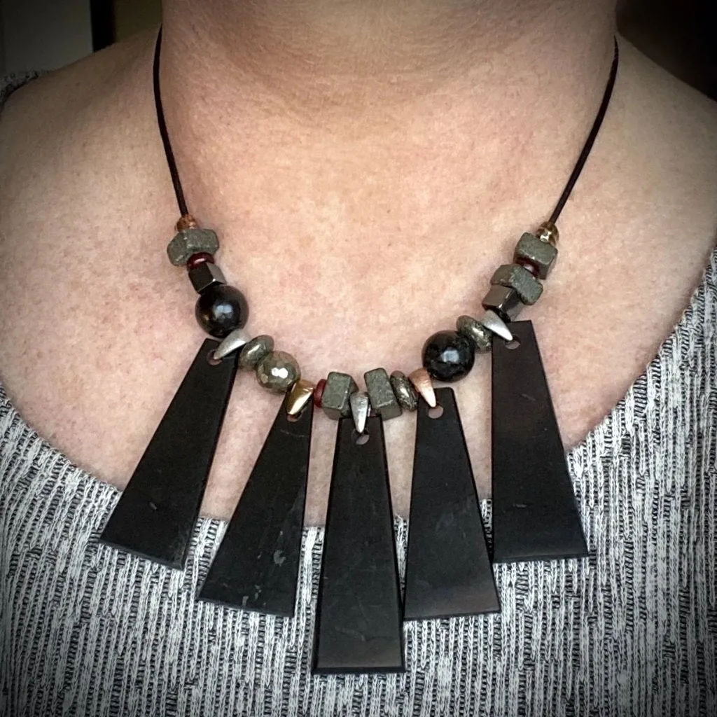 Geometric Shungite Trapezoid Necklace w/Pyrite, Hematite, & Carnelian Beads