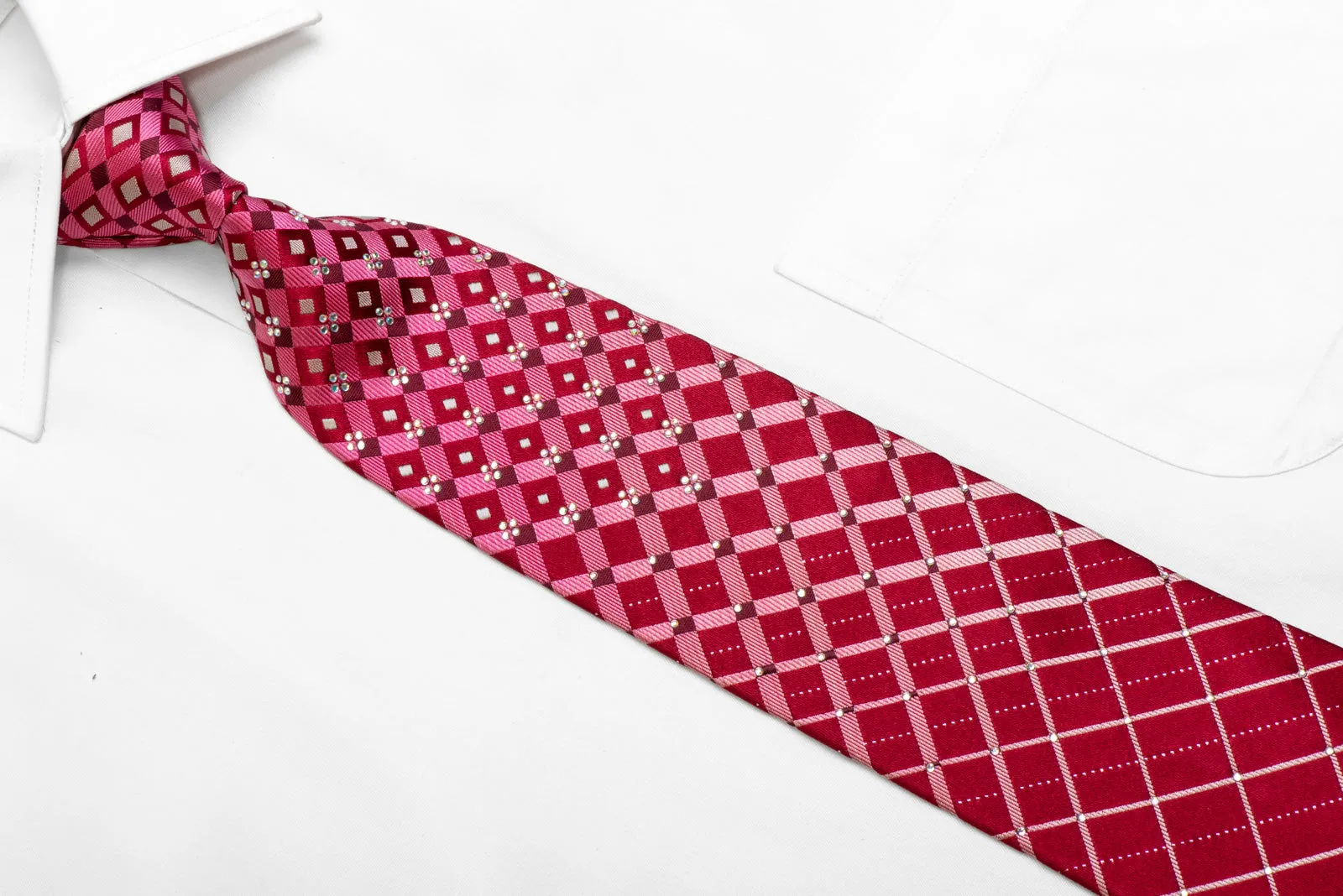 Geometric Striped On Red Rhinestone Silk Necktie With Silver Sparkles