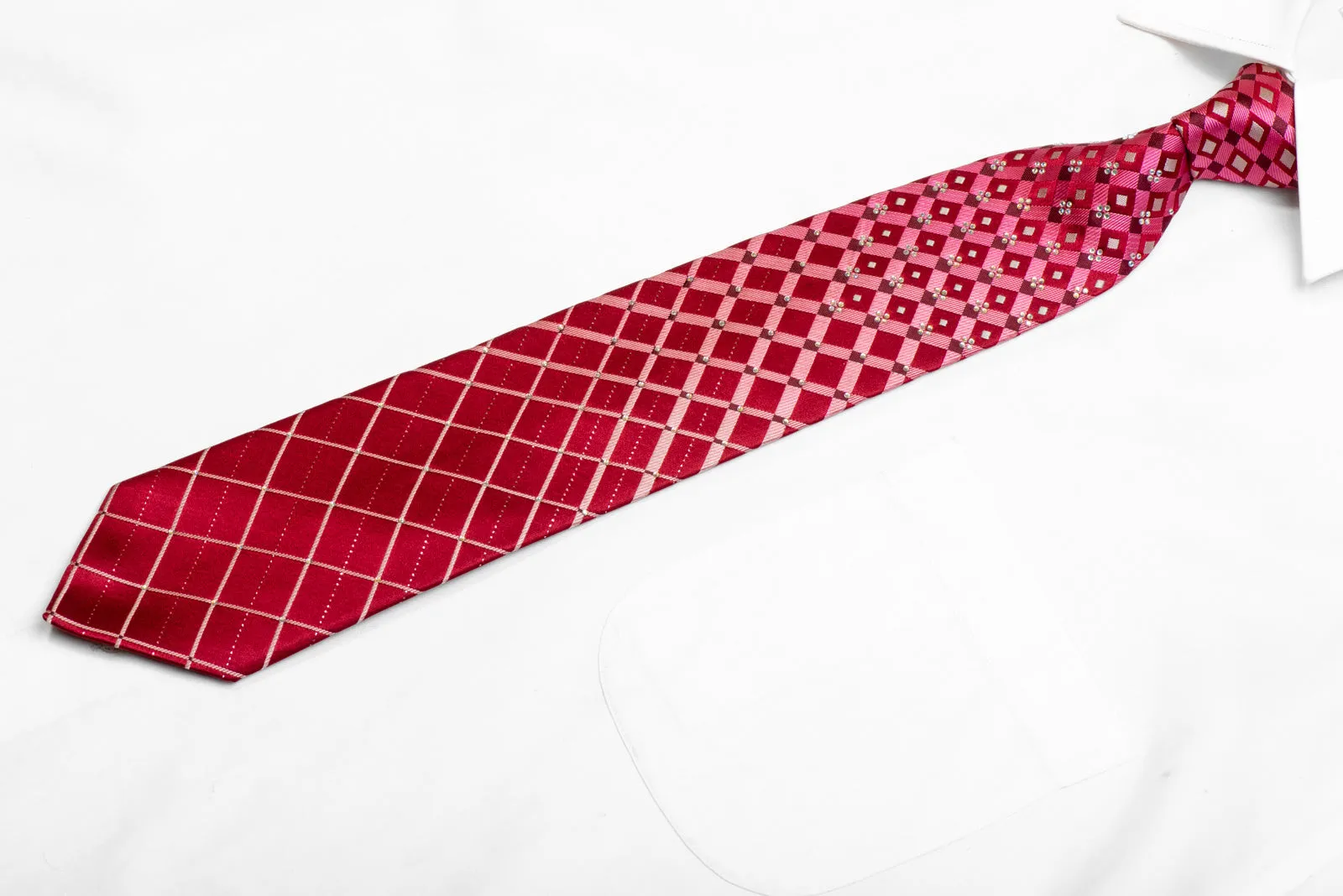 Geometric Striped On Red Rhinestone Silk Necktie With Silver Sparkles