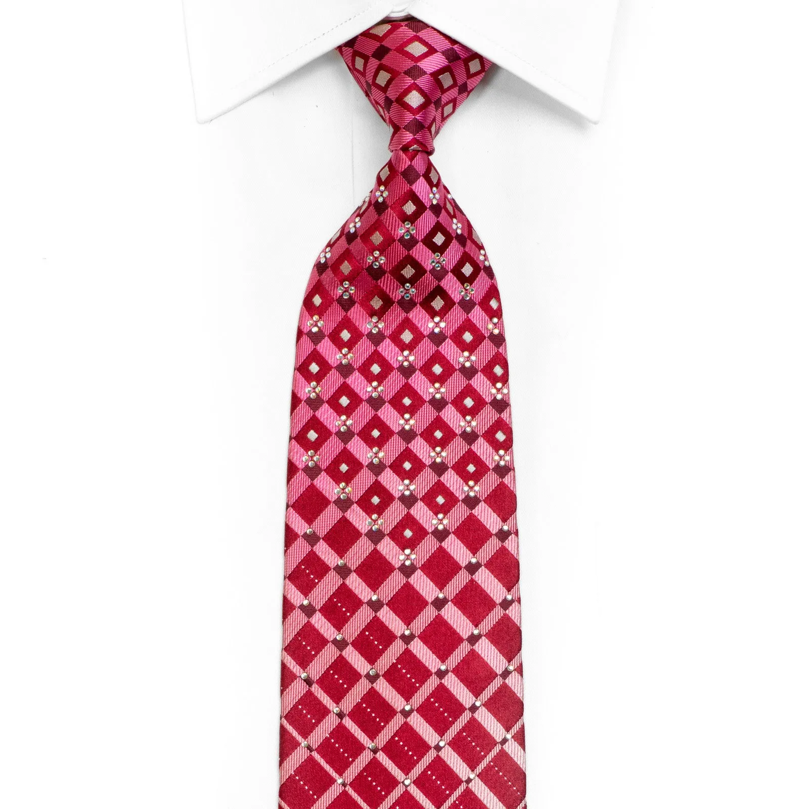 Geometric Striped On Red Rhinestone Silk Necktie With Silver Sparkles