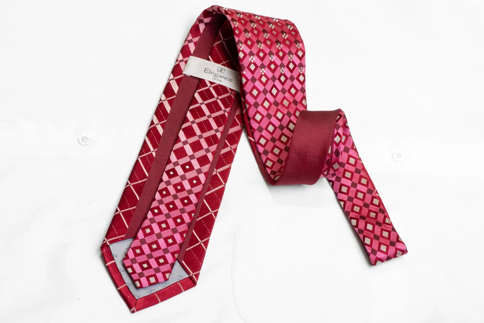 Geometric Striped On Red Rhinestone Silk Necktie With Silver Sparkles