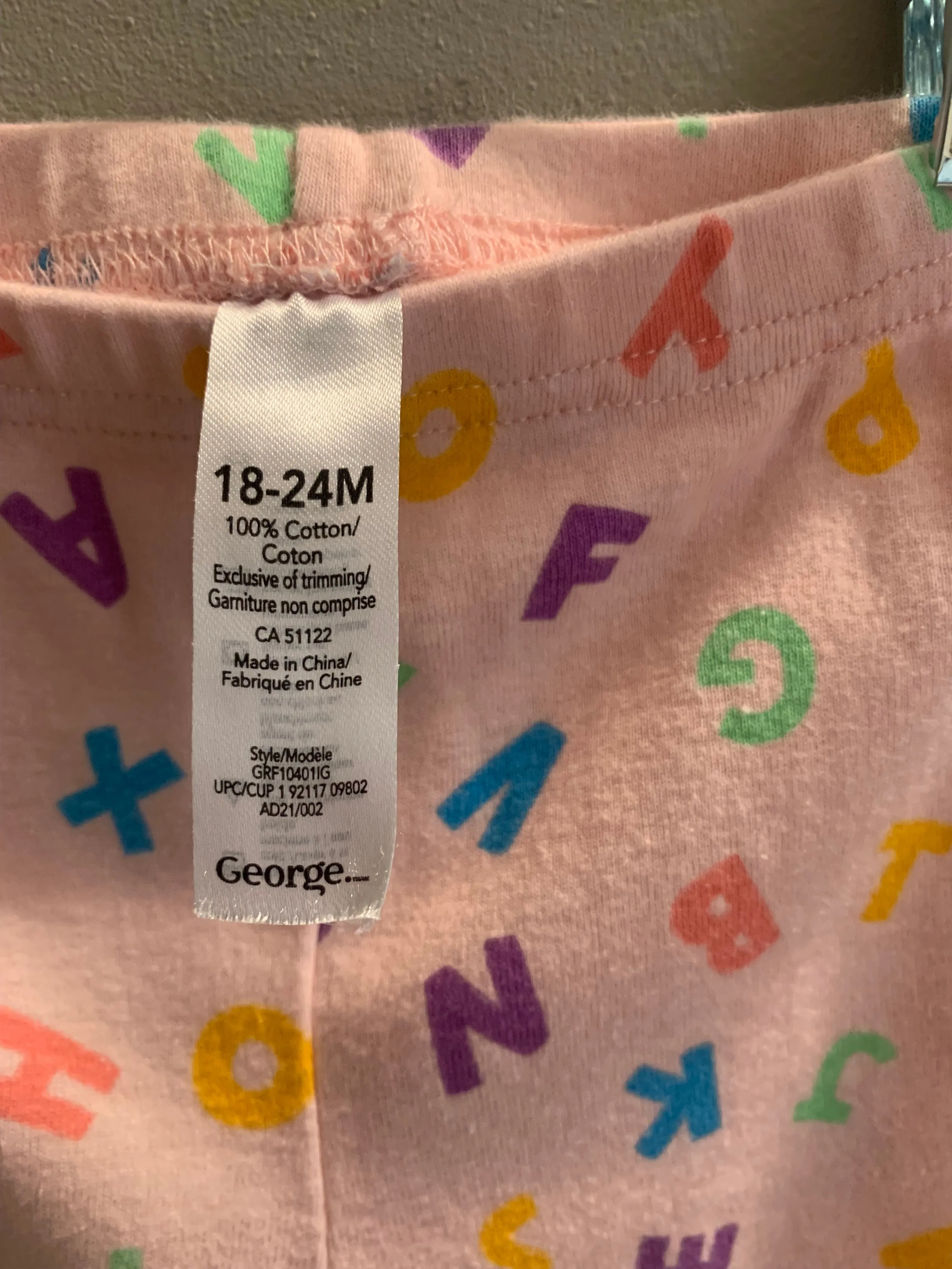 George Pink Alphabet Baby Pants Sz 18-24 months