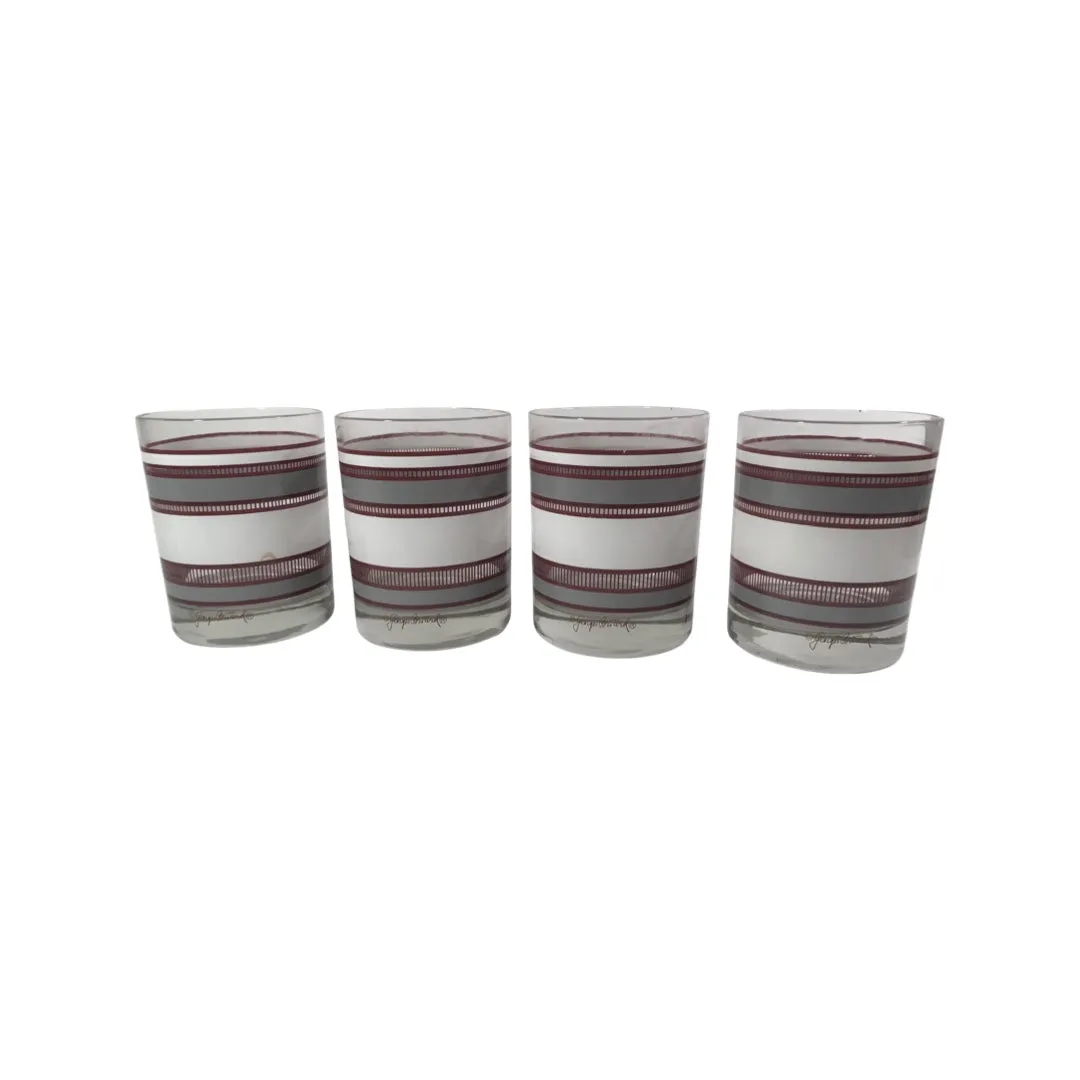 Georges Briard Signed Mid-Century Rust-Gray-White Bands Double Old Fashion Glasses (Set of 4)