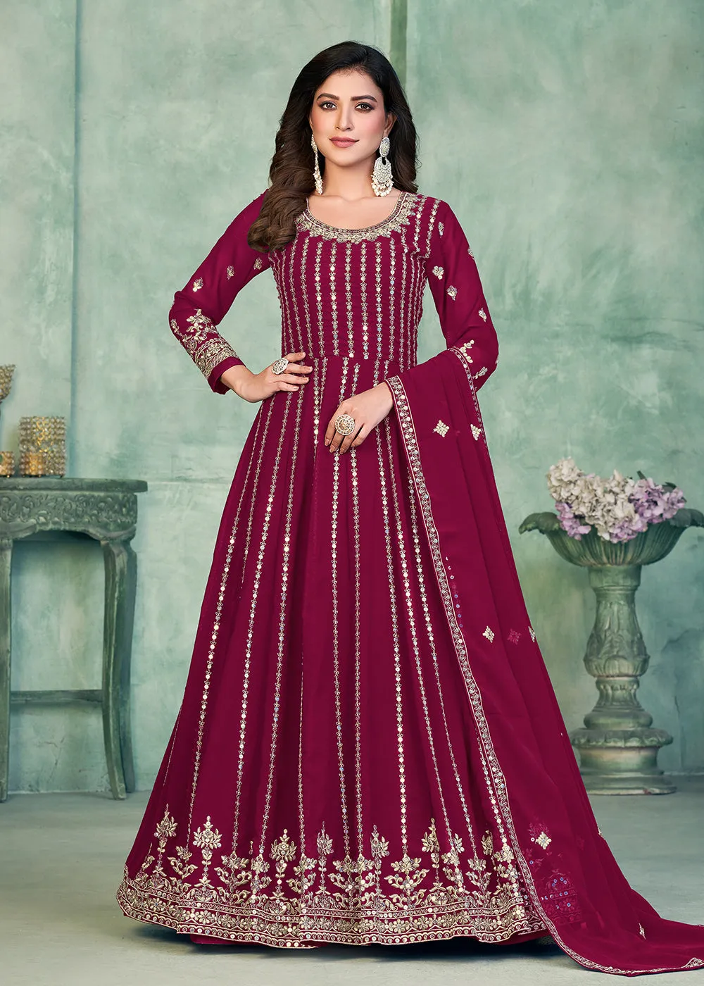 Georgette Fabric Magenta Embroidered Wedding Party Anarkali Suit