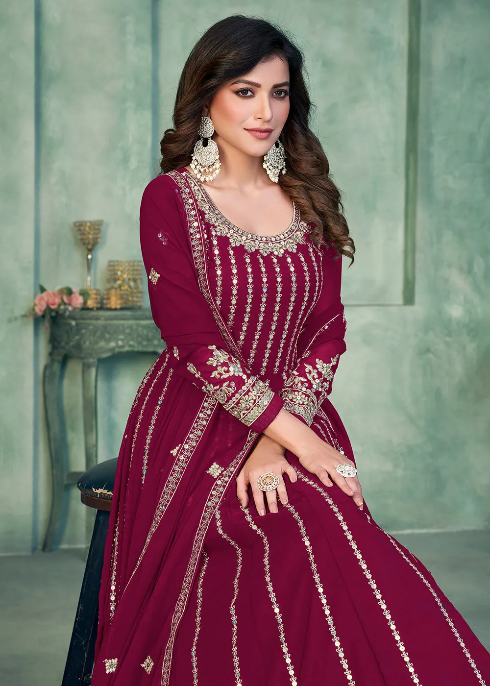 Georgette Fabric Magenta Embroidered Wedding Party Anarkali Suit