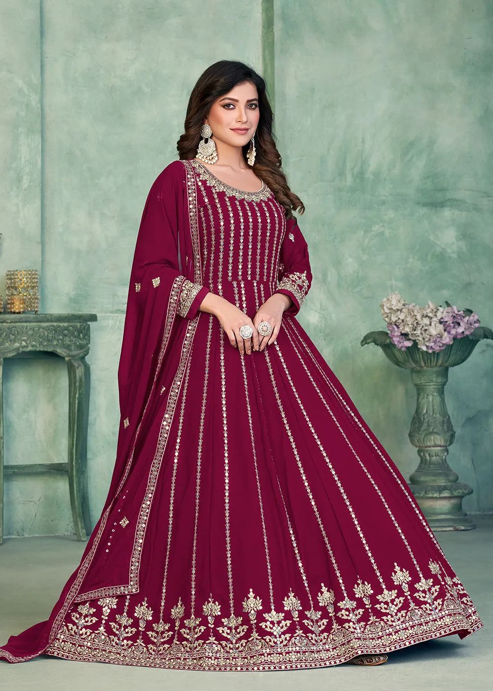 Georgette Fabric Magenta Embroidered Wedding Party Anarkali Suit