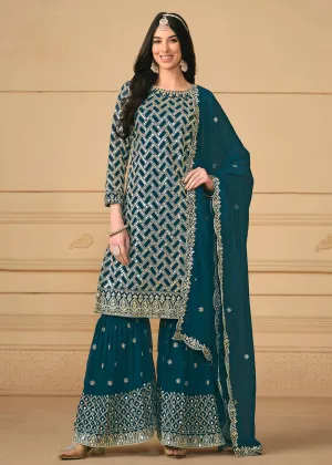 Georgette Peacock Blue Embroidered Gharara Style Suit