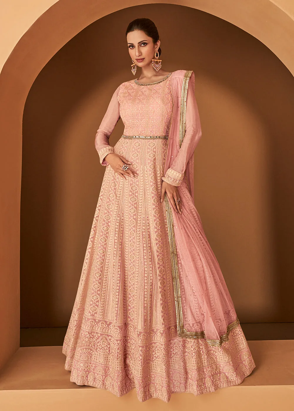 Georgette Pretty Peach Embroidered Designer Wedding Gown