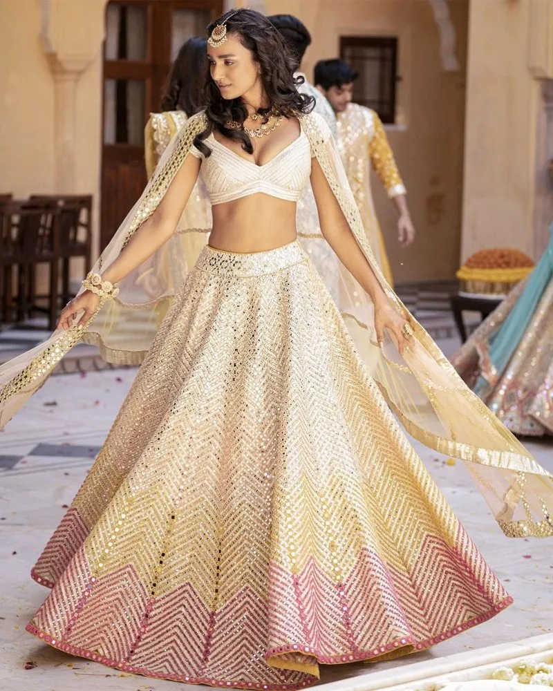 Georgette White Lehenga with Thread & Paper Mirror Embroidery