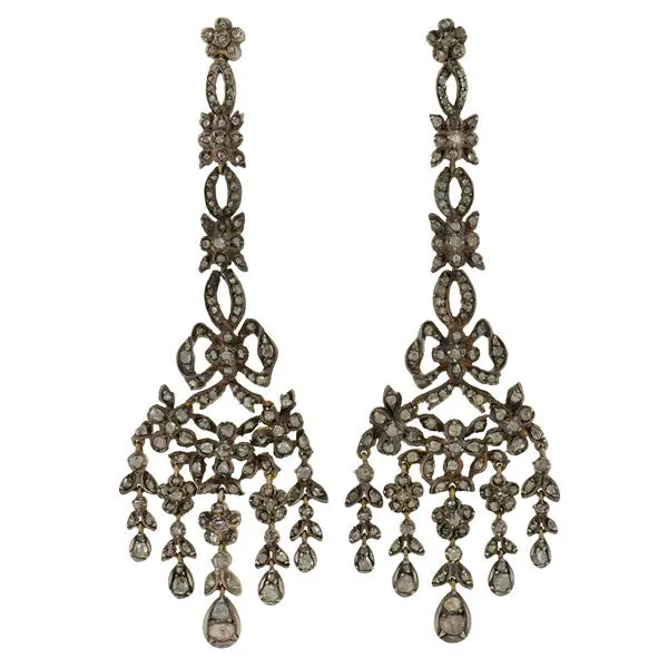 Georgian Silver-Topped Drippy Rose Cut Diamond Earrings