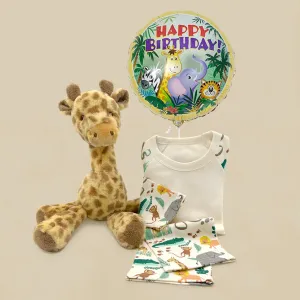 Georgie Giraffe Soft Toy with Jungle Pyjamas and Birthday Balloon