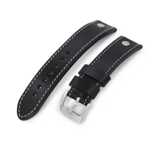 German made 22mm Sturdy Semi-gloss Black Saddle Leather with Rivet Watch Band, Brushed