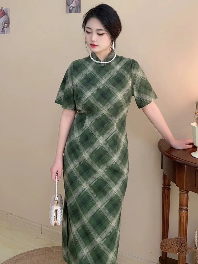 Gezi 格子 Plaid Plus Size 1930s Inspired Cotton Short Sleeve Qipao