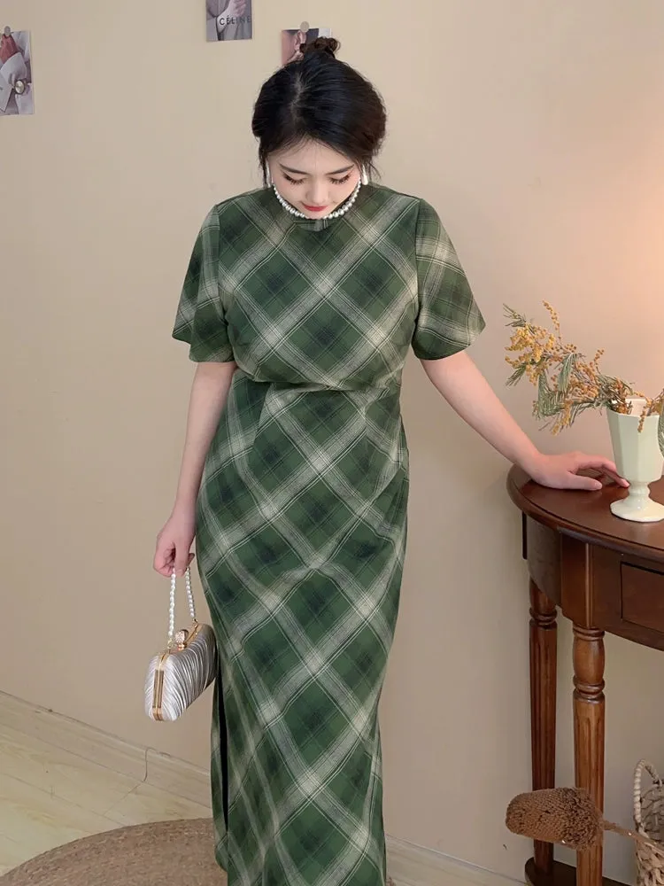 Gezi 格子 Plaid Plus Size 1930s Inspired Cotton Short Sleeve Qipao