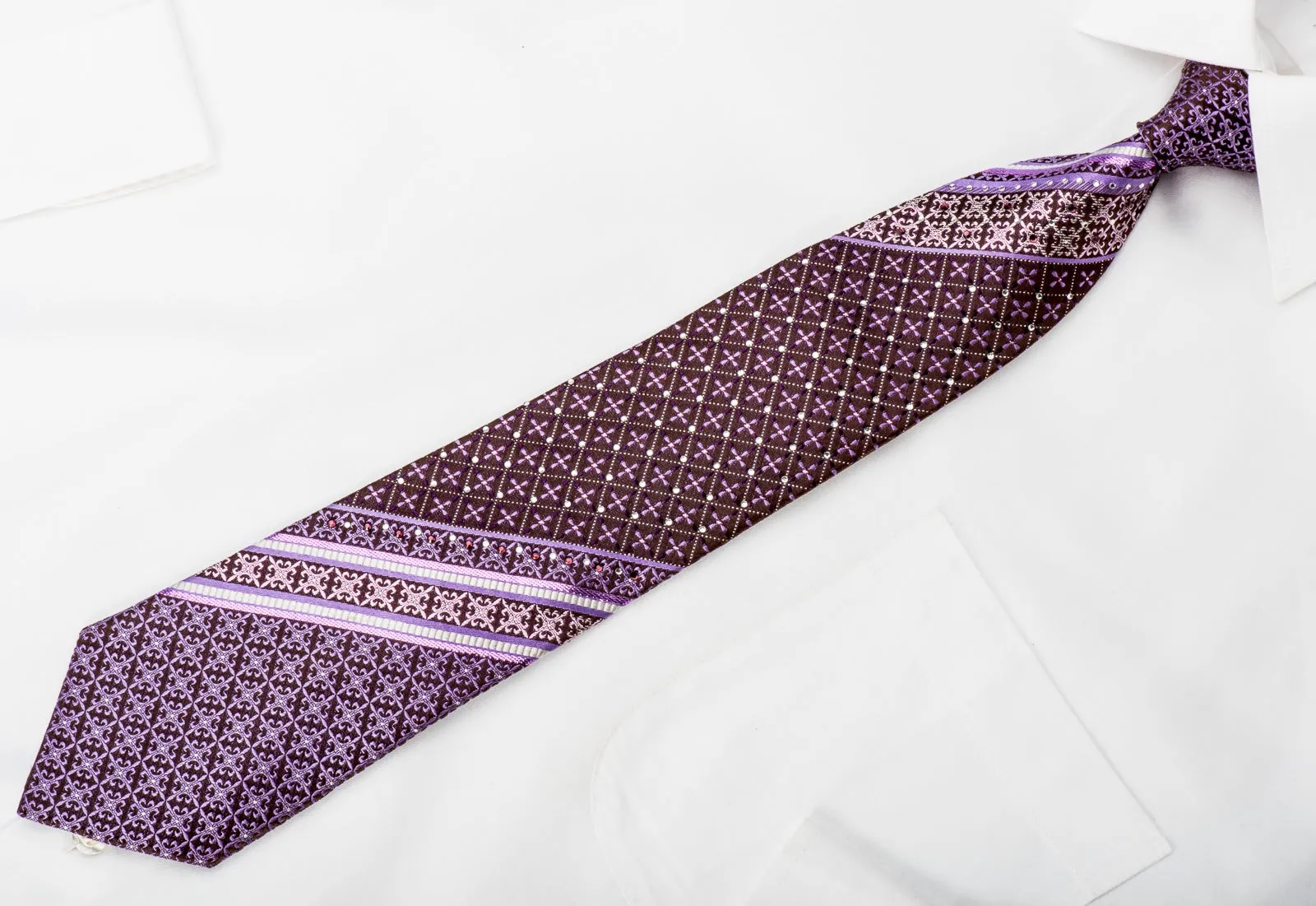 GGio Rhinestone Silk Necktie Cartouche Flur de Lis On Purple With Sparkles