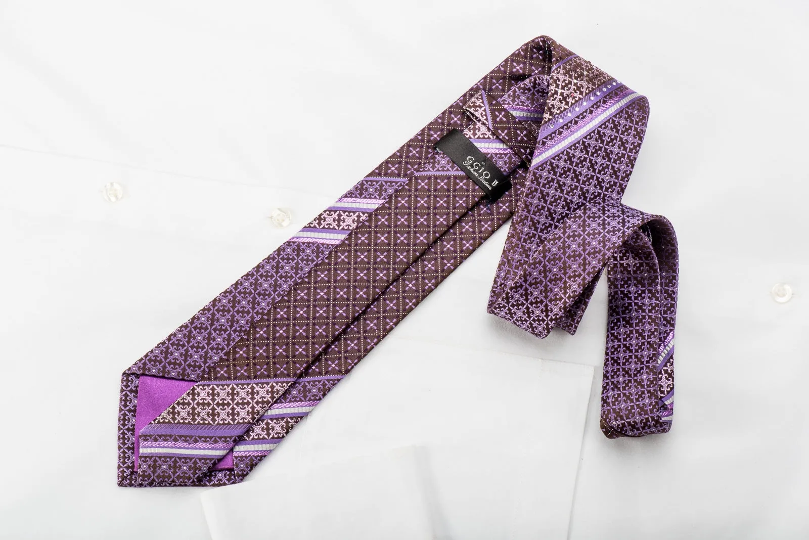 GGio Rhinestone Silk Necktie Cartouche Flur de Lis On Purple With Sparkles