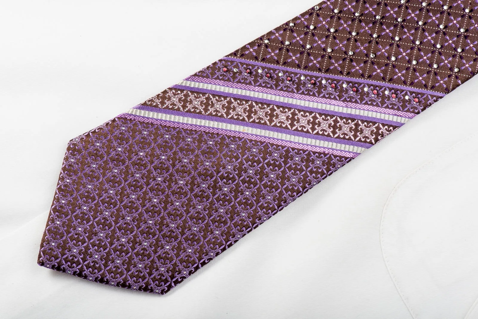 GGio Rhinestone Silk Necktie Cartouche Flur de Lis On Purple With Sparkles