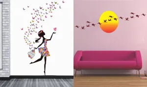 Ghar Kraft Set of 2 Wall Sticker Dream Girl and Sunrise with Flying Birds Wall Sticker